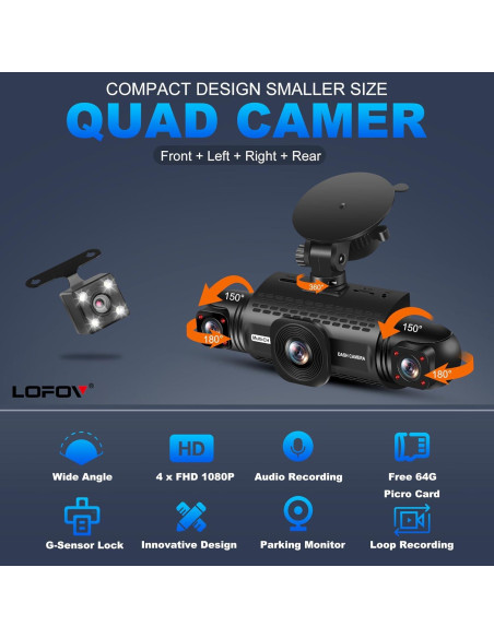 Cámara Dash 360 LOFOV 4 Canales FHD 1080P con SD 64GB