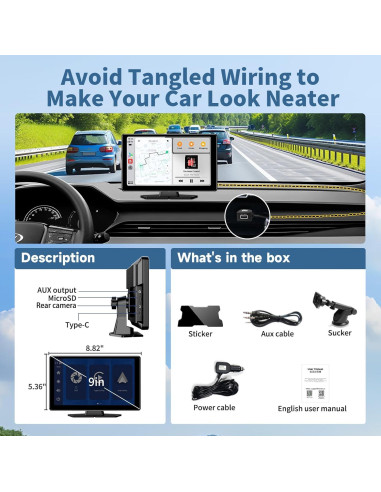 Pantalla Portátil Inalámbrica Leadtree 9" HD Carplay y Android Auto