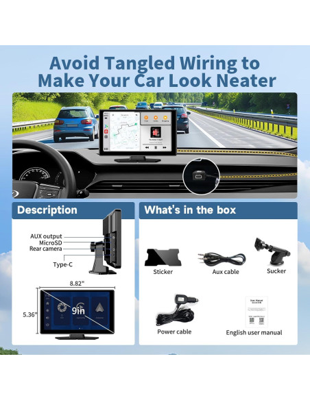 Pantalla Portátil Inalámbrica Leadtree 9" HD Carplay y Android Auto