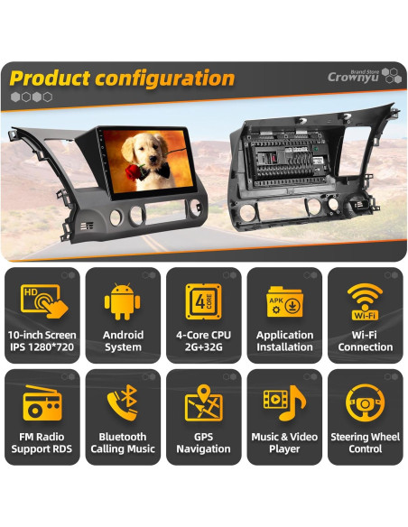 Estéreo de Coche Android 10" CROWNYU para Honda Civic 2006-2011