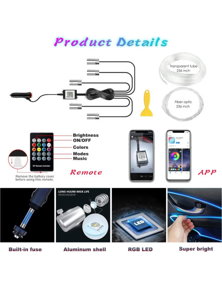 Luces LED de Tira Jushope 5 en 1 RGB 600 cm para Coche