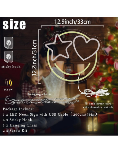 Luz de Neón LED Dimmable Cara Sonriente 33x31cm USB