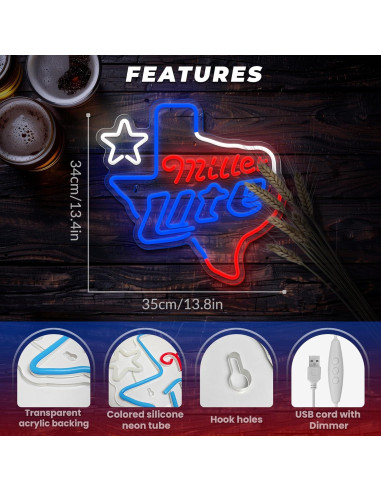 Luz de Neón de Cerveza Texas Miller Lite Regulable USB