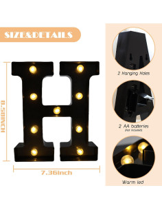 Letras Iluminadas LED Hirbisnis H Negras para Decoración 2
