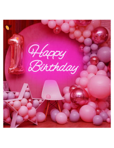 Letrero de Neón Feliz Cumpleaños Rosa 40.6x22.9cm LED Dimmable