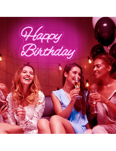 Letrero de Neón Feliz Cumpleaños Rosa 40.6x22.9cm LED Dimmable