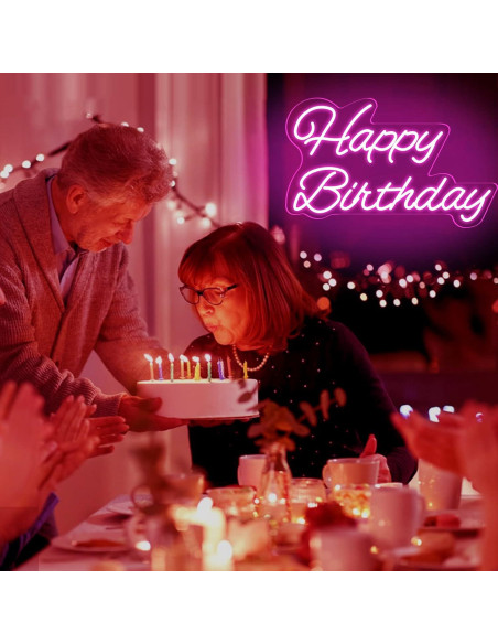 Letrero de Neón Feliz Cumpleaños Rosa 40.6x22.9cm LED Dimmable