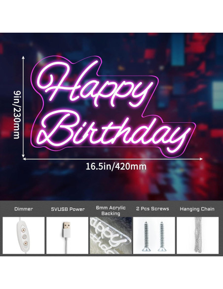 Letrero de Neón Feliz Cumpleaños Rosa 40.6x22.9cm LED Dimmable