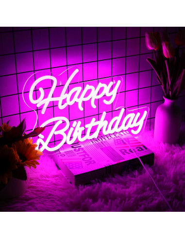 Letrero de Neón Feliz Cumpleaños Rosa 40.6x22.9cm LED Dimmable