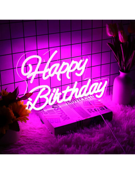 Letrero de Neón Feliz Cumpleaños Rosa 40.6x22.9cm LED Dimmable