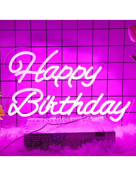 Letrero de Neón Feliz Cumpleaños Rosa 40.6x22.9cm LED Dimmable