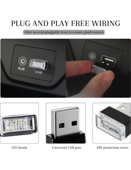4 Lámparas LED USB para Interior de Coche Hbxdeco - 6 Colores