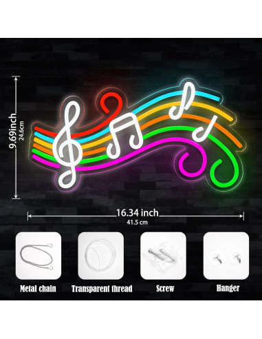 Luz de Neón Musical Regulable Gevbay Nota Partitura 41.5x24.6cm