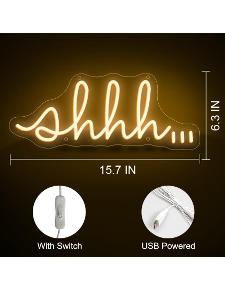 Señal de Neón LED YYUAN Shhh para Decoración de Pared 39.9x16cm Señal de Neón LED YYUAN Shhh para Decoración de Pared 39.9x16cm