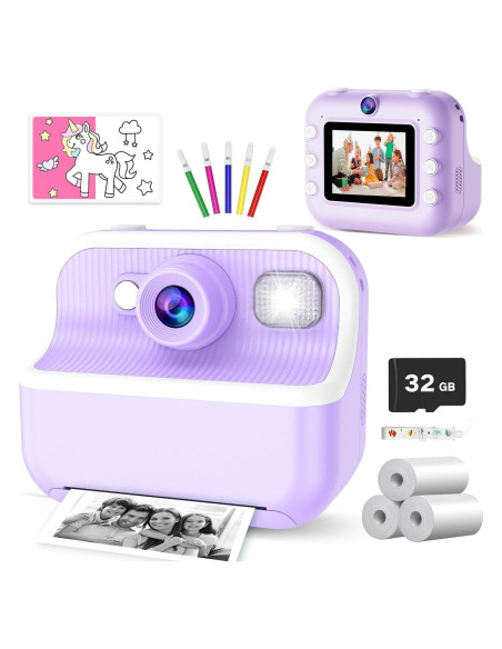Cámara Instantánea para Niños Vakzovy 12MP 1080P Púrpura