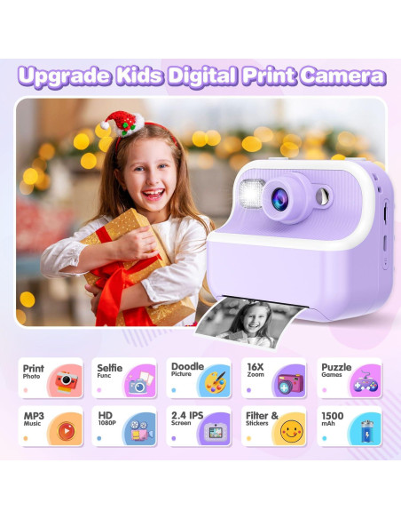Cámara Instantánea para Niños Vakzovy 12MP 1080P Púrpura