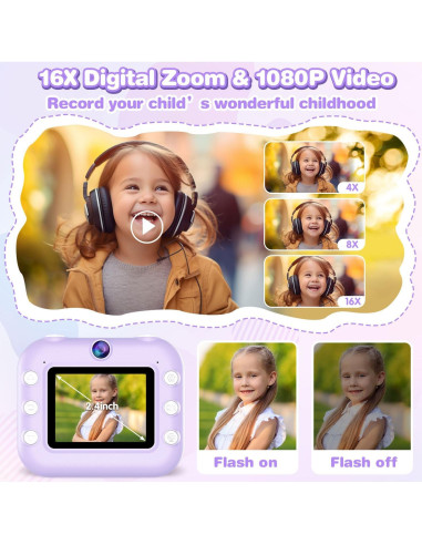 Cámara Instantánea para Niños Vakzovy 12MP 1080P Púrpura