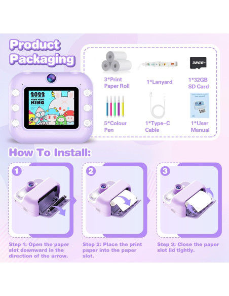 Cámara Instantánea para Niños Vakzovy 12MP 1080P Púrpura