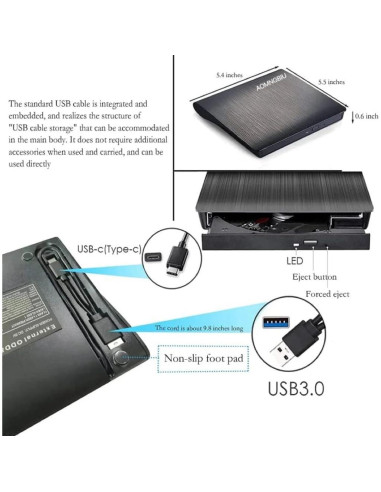 Unidad Externa de CD/DVD AOMNGBIU USB 3.0 Negra - Compatible Mac y Windows