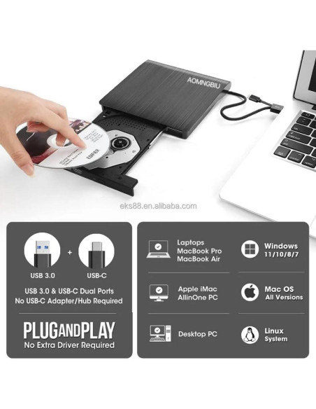 Unidad Externa de CD/DVD AOMNGBIU USB 3.0 Negra - Compatible Mac y Windows