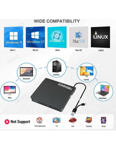 Unidad Externa de CD/DVD AOMNGBIU USB 3.0 Negra - Compatible Mac y Windows
