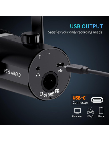 Micrófono Dinámico USB XLR Feelworld PM1 con Soporte de Escritorio
