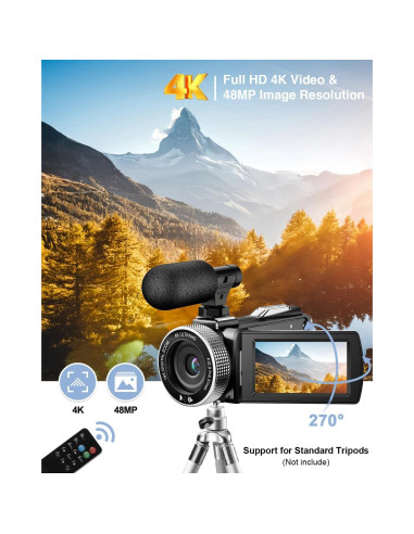 Cámara de Video 4K Rawiemy HD 48MP con Micrófono Inalámbrico