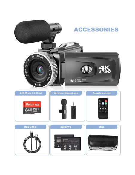 Cámara de Video 4K Rawiemy HD 48MP con Micrófono Inalámbrico Cámara de Video 4K Rawiemy HD 48MP con Micrófono Inalámbrico