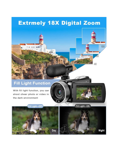 Cámara de Video 4K Rawiemy HD 48MP con Micrófono Inalámbrico