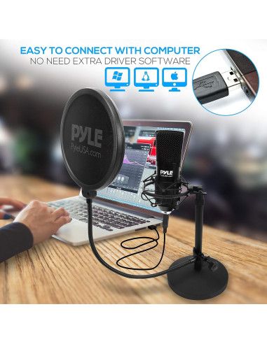Kit de Grabación de Podcast Pyle PDMIKT120 USB Micrófono Condensador Cardioide