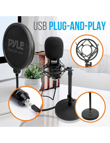 Kit de Grabación de Podcast Pyle PDMIKT120 USB Micrófono Condensador Cardioide