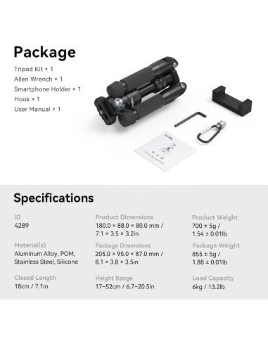 Trípode Mini de Aluminio SmallRig VT-20 50.8 cm 6kg