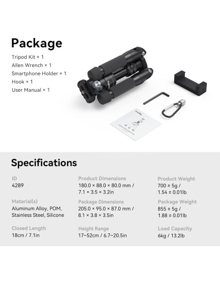 Trípode Mini de Aluminio SmallRig VT-20 50.8 cm 6kg