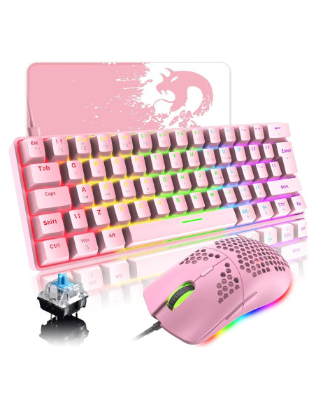 Teclado Mecánico Gaming LexonElec 60% Rosa Interruptor Azul