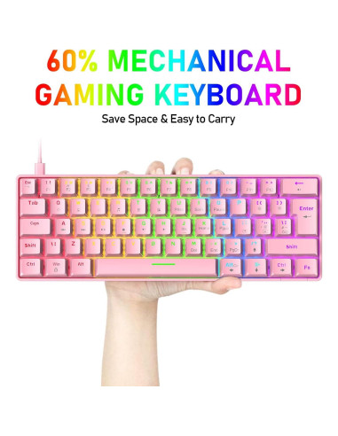 Teclado Mecánico Gaming LexonElec 60% Rosa Interruptor Azul