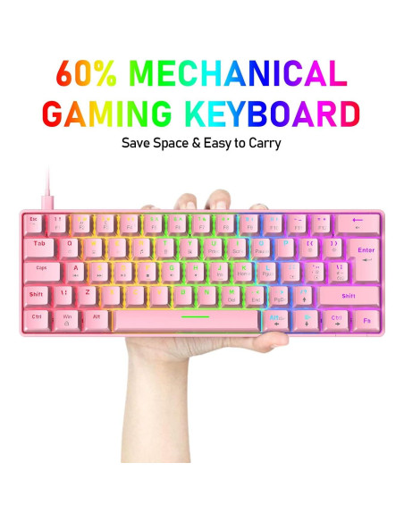 Teclado Mecánico Gaming LexonElec 60% Rosa Interruptor Azul