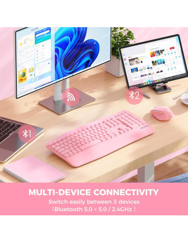 Teclado y Ratón Inalámbricos MEETION Ergonomico Rosa
