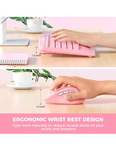 Teclado y Ratón Inalámbricos MEETION Ergonomico Rosa