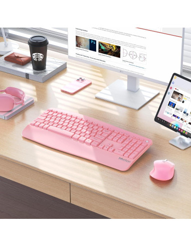 Teclado y Ratón Inalámbricos MEETION Ergonomico Rosa