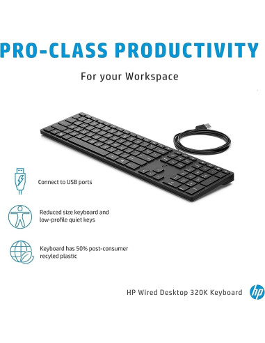 Teclado HP 320K de Escritorio con Cable USB para Windows