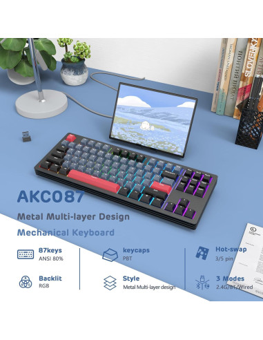 Teclado Mecánico Inalámbrico A.JAZZ AKC087 RGB 87 Teclas TKL