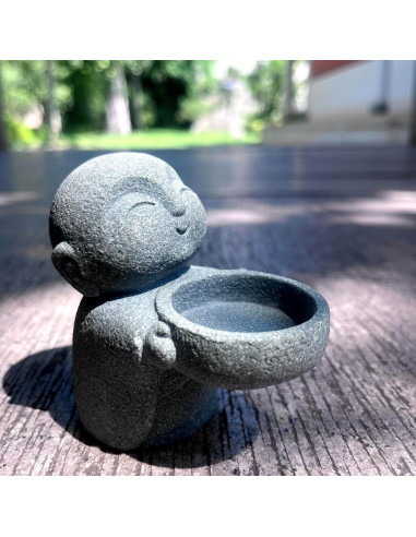 Estatua de Buda Jizo Monje de Arenisca Gris 9x8.8x5.5cm