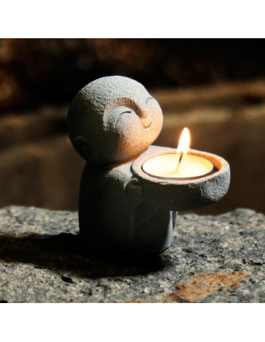 Estatua de Buda Jizo Monje de Arenisca Gris 9x8.8x5.5cm