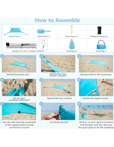 Tienda de Playa WILDPATH 3.05x3.05m UPF 50+ con 8 Sacos