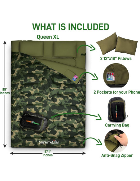 Saco de dormir doble SereneLife impermeable para 2 personas Saco de dormir doble SereneLife impermeable para 2 personas