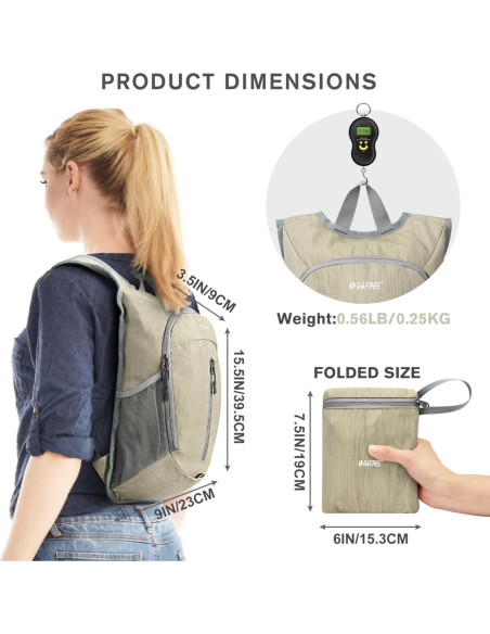 Mochila de Senderismo Plegable G4Free 10L Beige Ligera