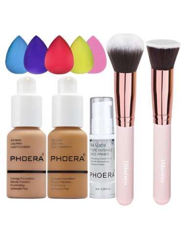 Set de Maquillaje PHOERA: Base, Primer, Brochas y Esponjas 30ml