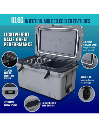 Cooler ENGEL 60 QT Ultra-Ligero con 2 Paquetes de Hielo y Vaso 22 oz