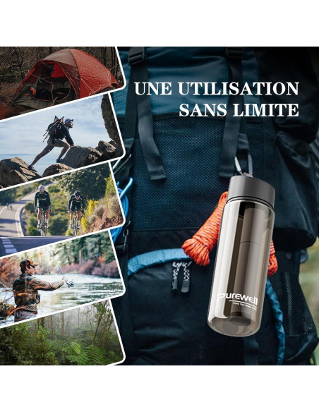 Botella de Agua Filtrada Purewell 1500L Libre de BPA Negra