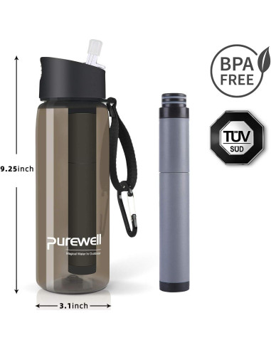 Botella de Agua Filtrada Purewell 1500L Libre de BPA Negra